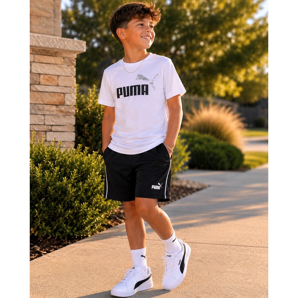 Puma Kids Boys 2 Piece Set White Graphic Tee Black Mesh Shorts Size 10-12